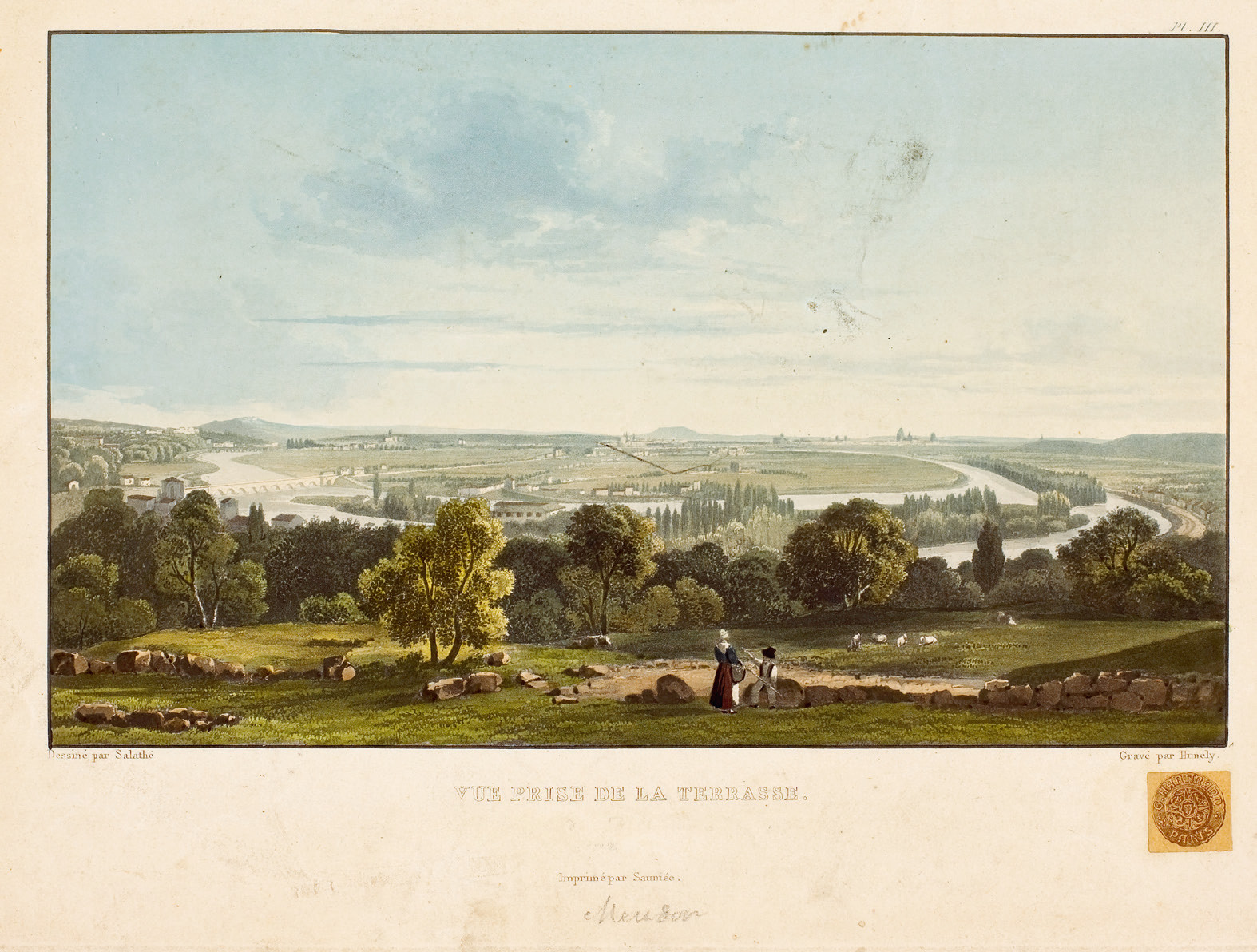 Sigismond Himely - Méandre de la Seine depuis les hauteurs de Bellevue, gravure aquarellée 1836