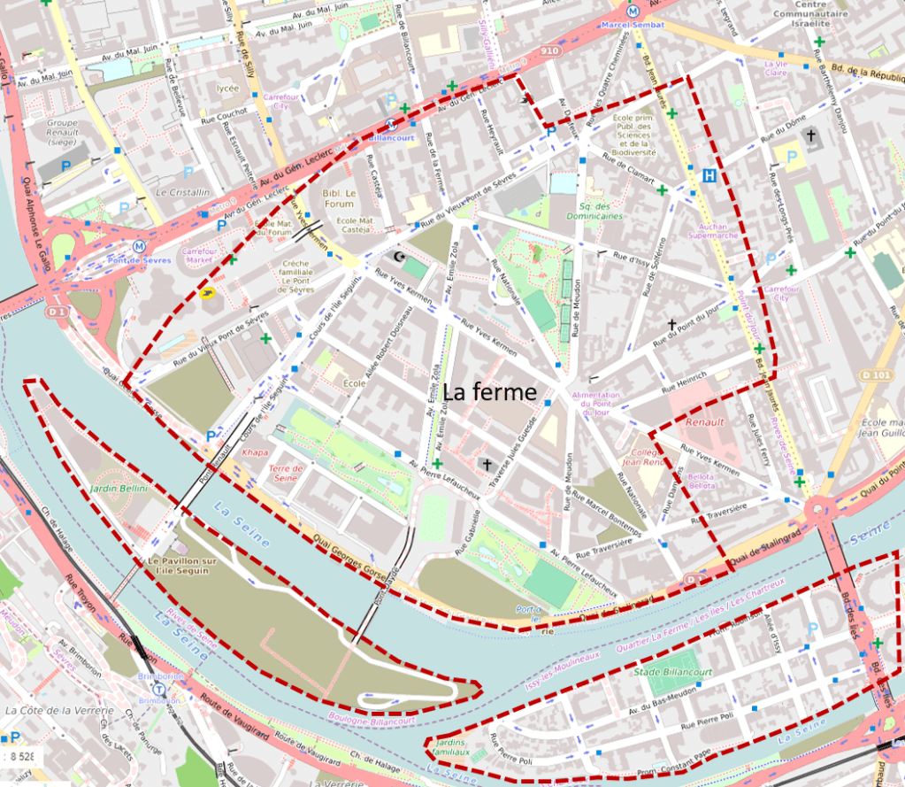 Limites du fief de Billancourt de 1770 en 2020