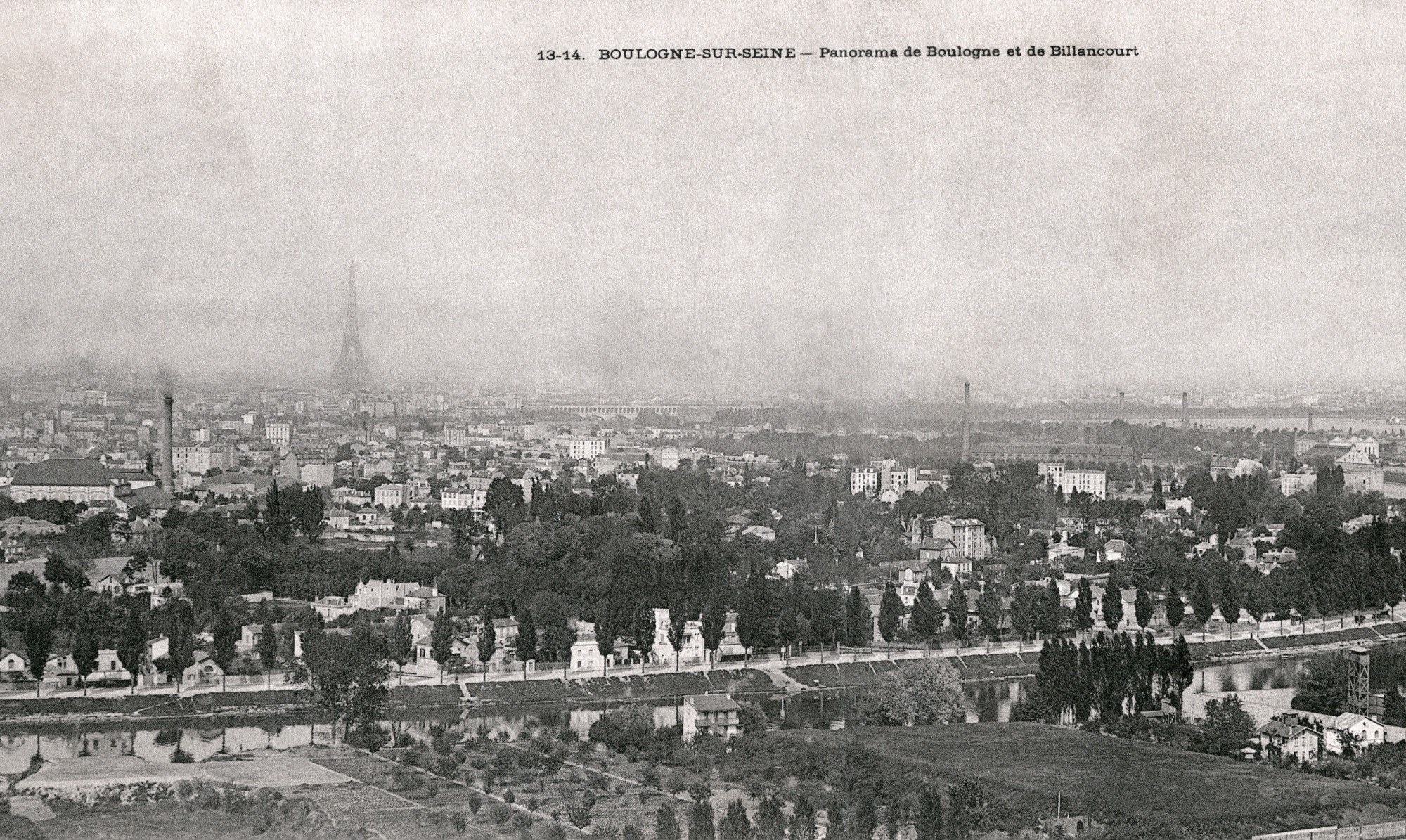 Carte postale-Héliothypie de E Le Deley-Vers 1903-Vue panoramique de Billancourt prise depuis Meudon Bellevue-Du Hameau-Fleuri au pont de Billancourt et au delà vers Paris.