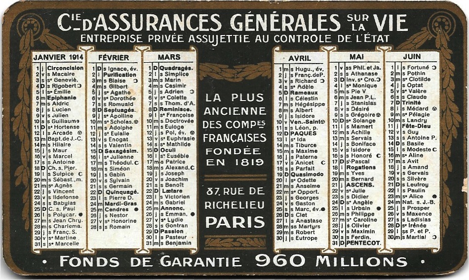 Calendrier Compagnie d'Assurances Générales