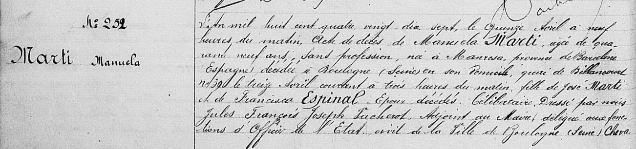 Acte de décès Manuela Marti 1897 archives BB