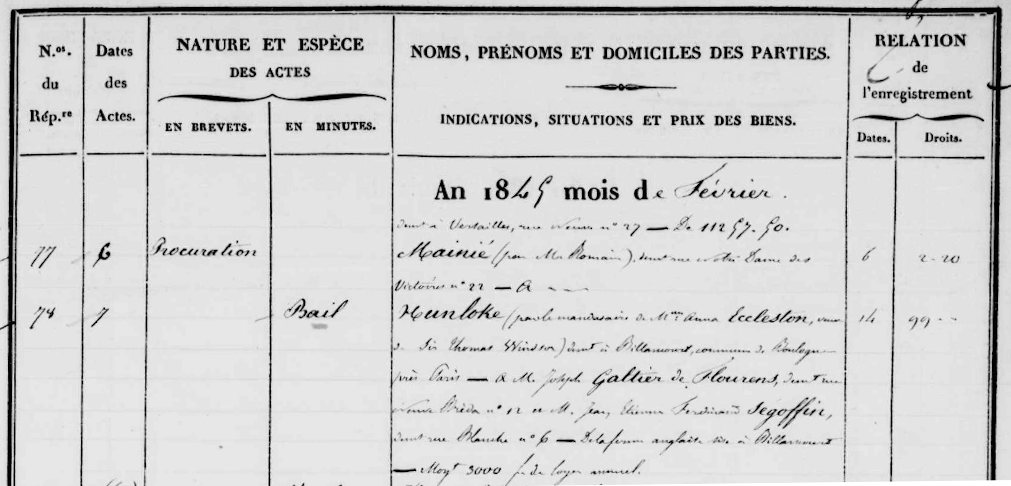 Bail de Lady Hunloke pour la ferme anglaise février 1845