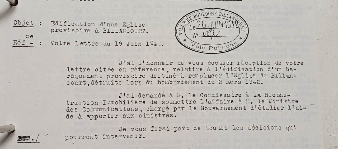 Courrier 1942 église provisoire